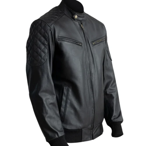 Casual Black Leather Bomber Jacket 3