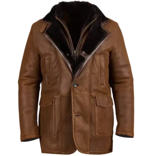 Brown Fur Double Shearling Genuine Leather Coat 1