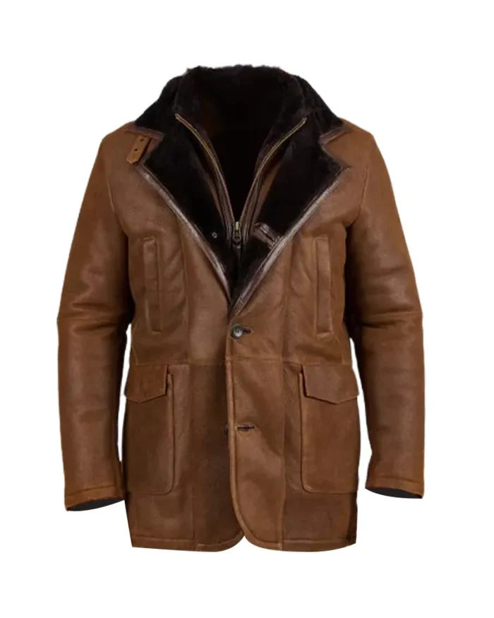 Brown Fur Double Shearling Genuine Leather Coat 1