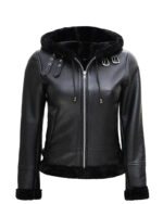 Women’s Black Leather Hooded Shearling Jacket 1