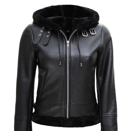 Womenās Black Leather Hooded Shearling Jacket 1