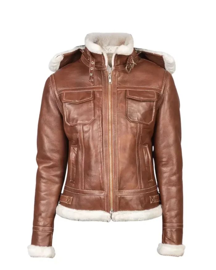 Women Brown Hooded Shearling Jacket 1