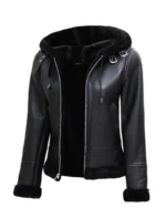 Women’s Black Leather Hooded Shearling Jacket 4