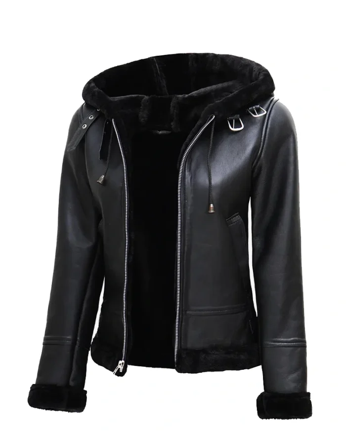 Women’s Black Leather Hooded Shearling Jacket 4