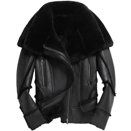 Mens Double Collar Sheepskin Biker Jacket 1