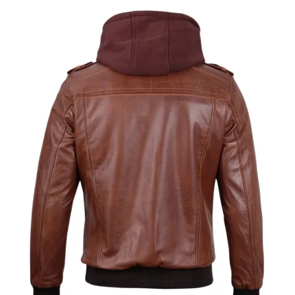 Mens Brown Hooded Stylish Bomber Leather Jacket 2