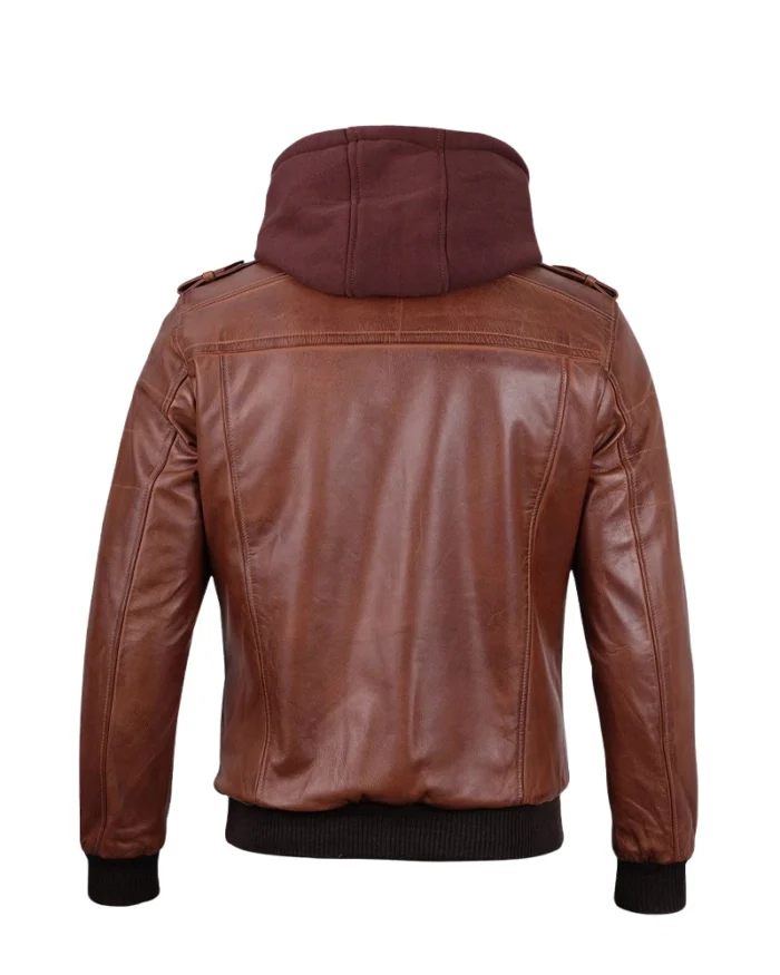 Mens Brown Hooded Stylish Bomber Leather Jacket 2