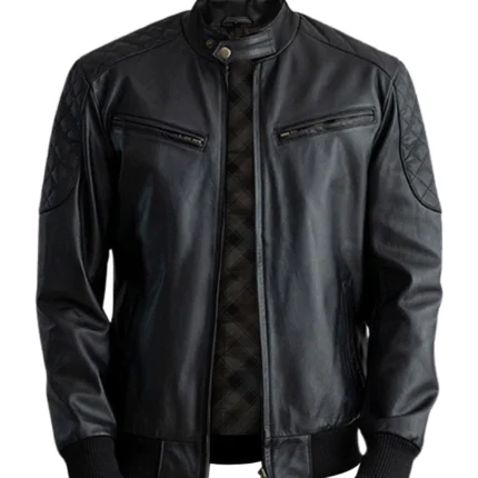 Casual Black Leather Bomber Jacket 2
