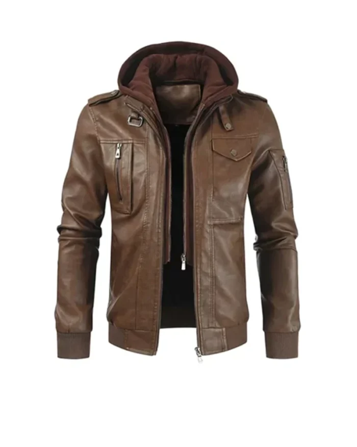 Brown Leather Hooded Rider Jacket 1