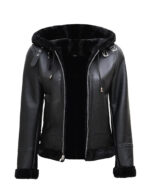 Women’s Black Leather Hooded Shearling Jacket 3