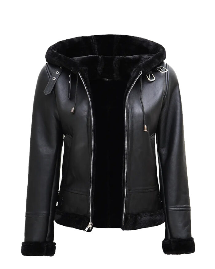 Women’s Black Leather Hooded Shearling Jacket 3