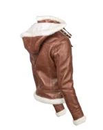 Women Brown Hooded Shearling Jacket 2