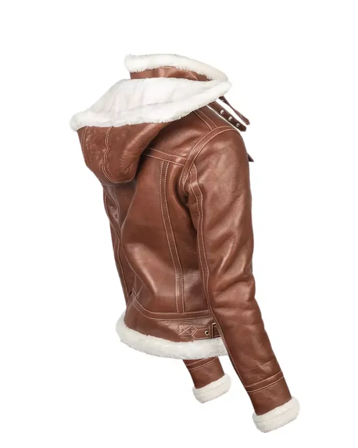 Women Brown Hooded Shearling Jacket 2