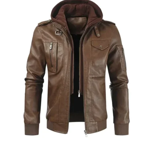 Brown Leather Hooded Rider Jacket 1