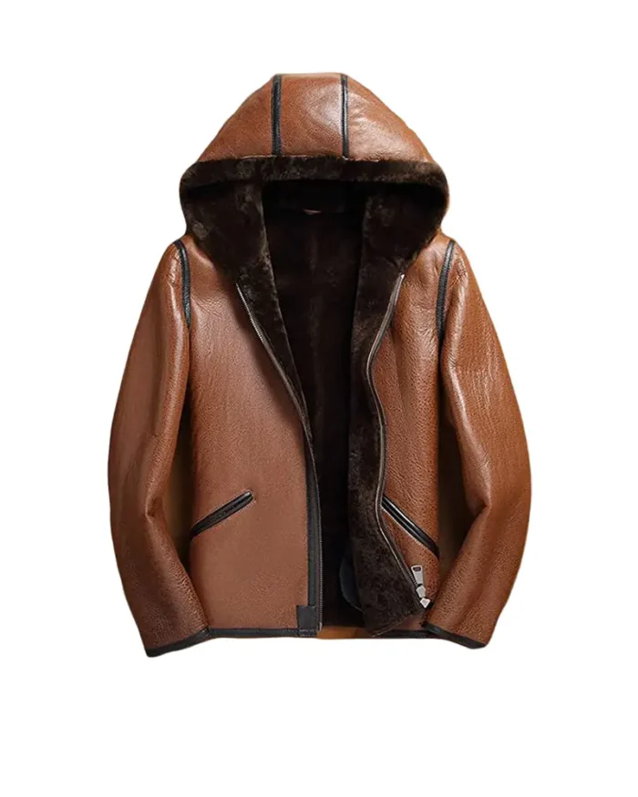Mens Brown Leather Hooded Jacket 1