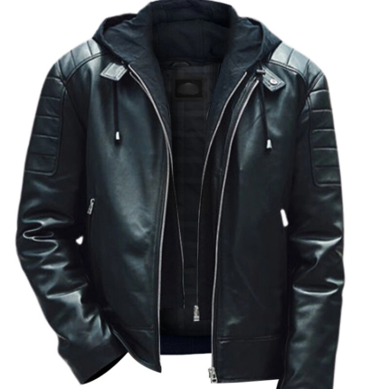 Men Leather Moto Hooded Jacket1
