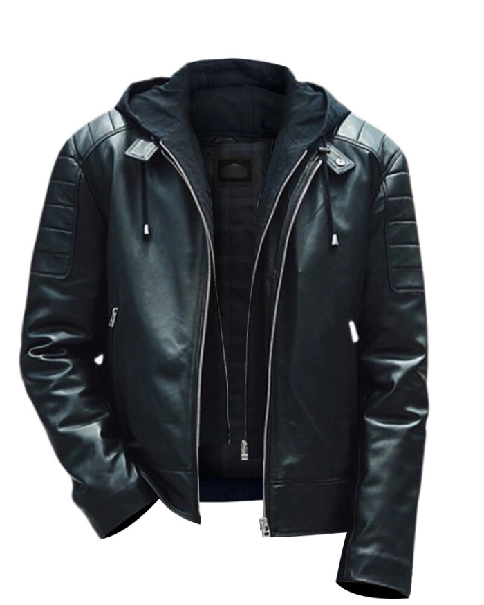 Men Leather Moto Hooded Jacket1