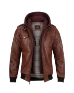 Mens Brown Hooded Stylish Bomber Leather Jacket 1