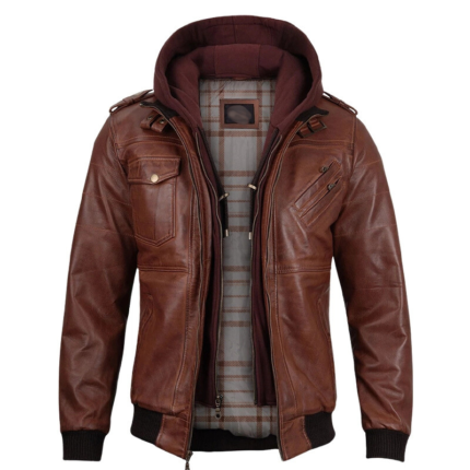 Mens Brown Hooded Stylish Bomber Leather Jacket 1