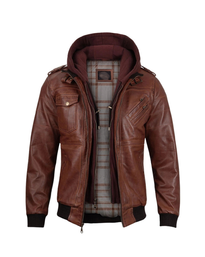 Mens Brown Hooded Stylish Bomber Leather Jacket 1