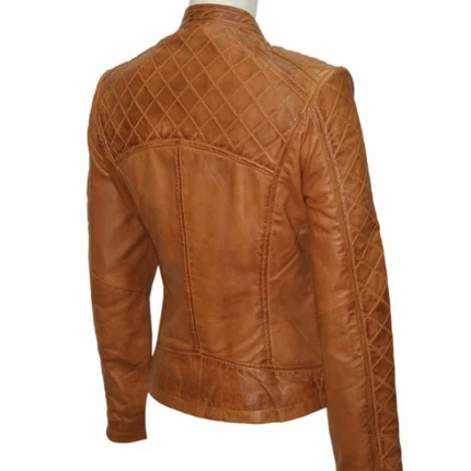 Women Slim Fit Brown Quilted Leather Jacket 3