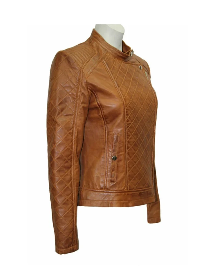 Women Slim Fit Brown Quilted Leather Jacket 2