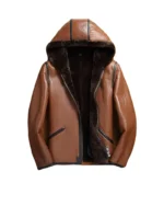 Mens Brown Leather Hooded Jacket 1