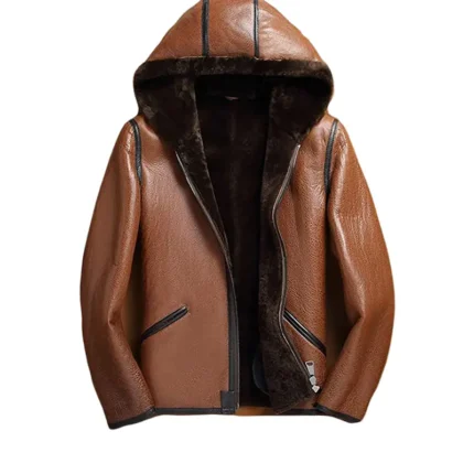 Mens Brown Leather Hooded Jacket 1