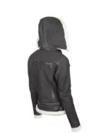 Women Black Leather Shearling Jacket with Hood 2