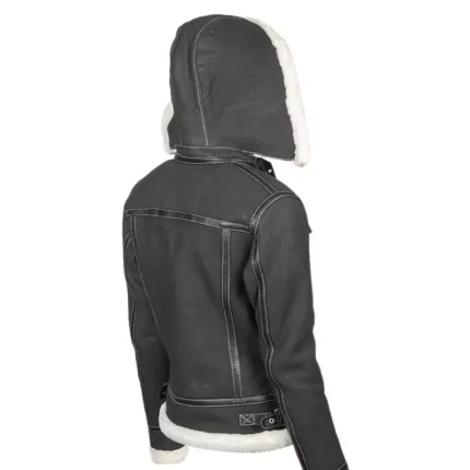 Women Black Leather Shearling Jacket with Hood 2