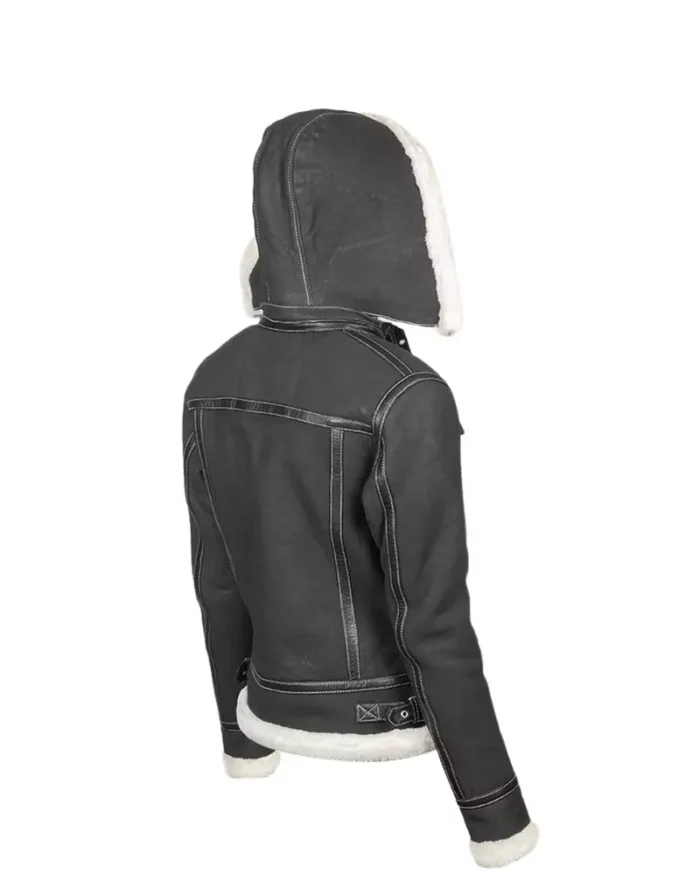 Women Black Leather Shearling Jacket with Hood 2
