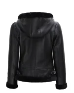 Women’s Black Leather Hooded Shearling Jacket 2