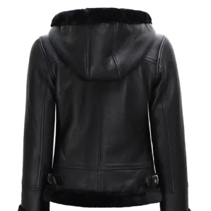 Women’s Black Leather Hooded Shearling Jacket 2