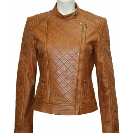 Women Slim Fit Brown Quilted Leather Jacket 1