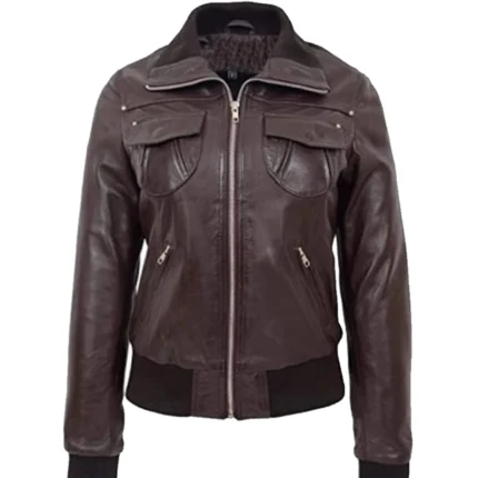 Women’s Brown Leather Bomber Jacket 1