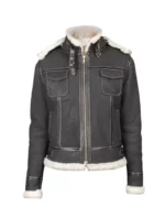 Women Black Premium Leather Shearling Jacket with Hood 1