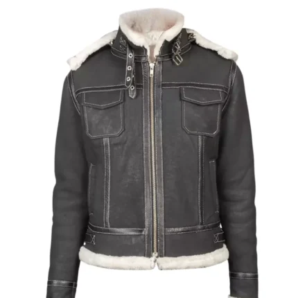 Women Black Premium Leather Shearling Jacket with Hood 1