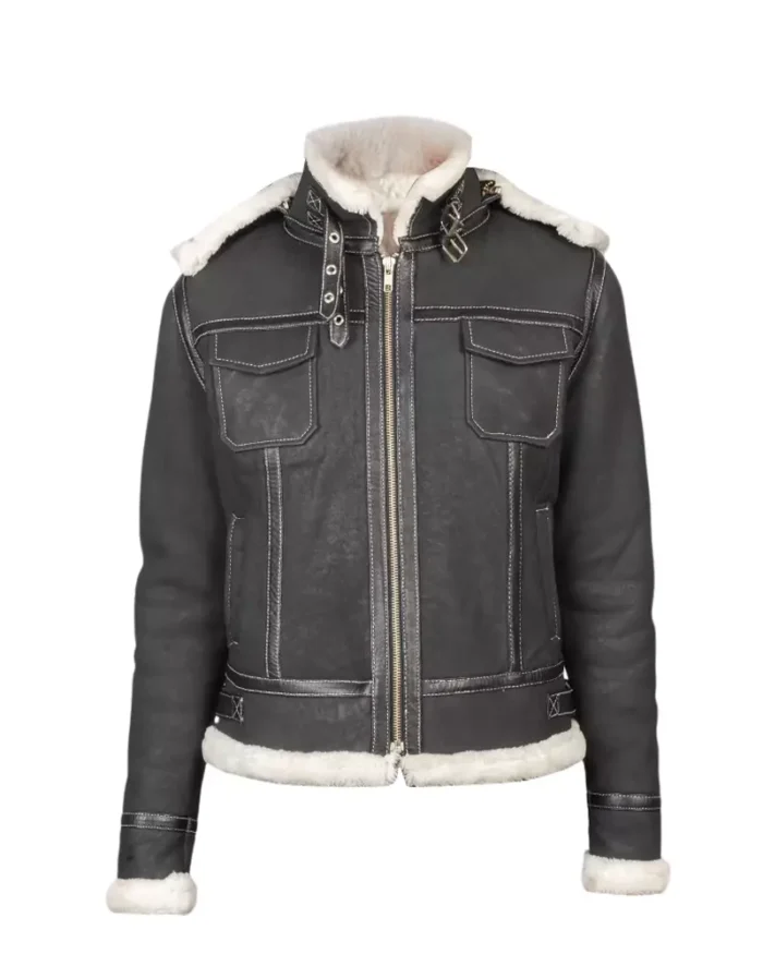 Women Black Premium Leather Shearling Jacket with Hood 1