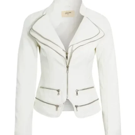 Womens White Faux Leather Biker Jacket 1