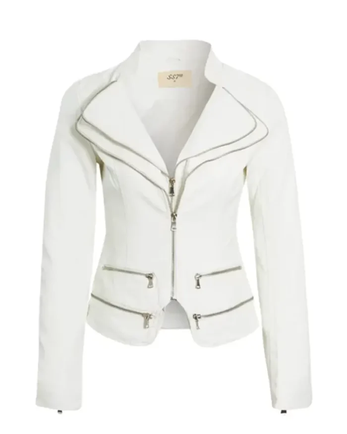 Womens White Faux Leather Biker Jacket 1