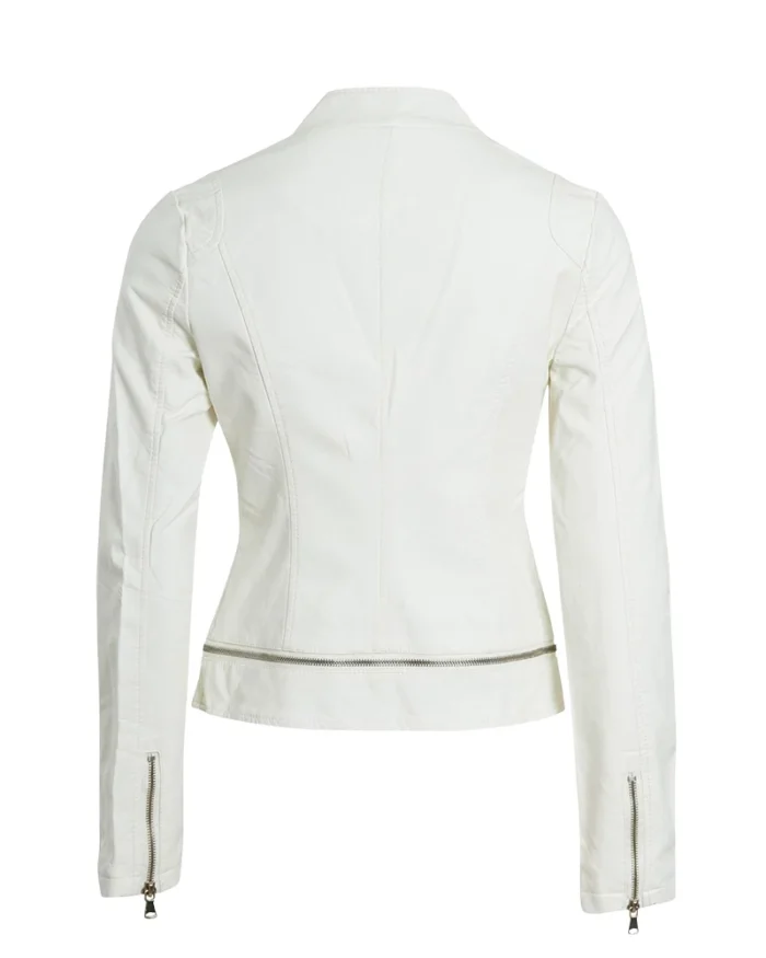 Womens White Faux Leather Biker Jacket 2