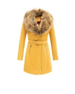Women’s Yellow Leather Fur Pea Coat 1
