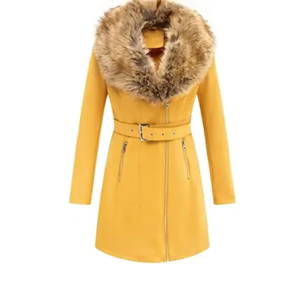 Women’s Yellow Leather Fur Pea Coat 1