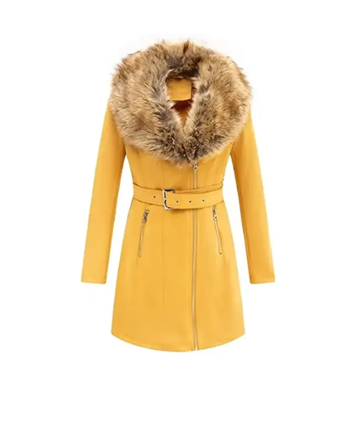 Women’s Yellow Leather Fur Pea Coat 1