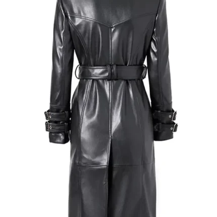 Long Black Gold Button Leather Coat 2