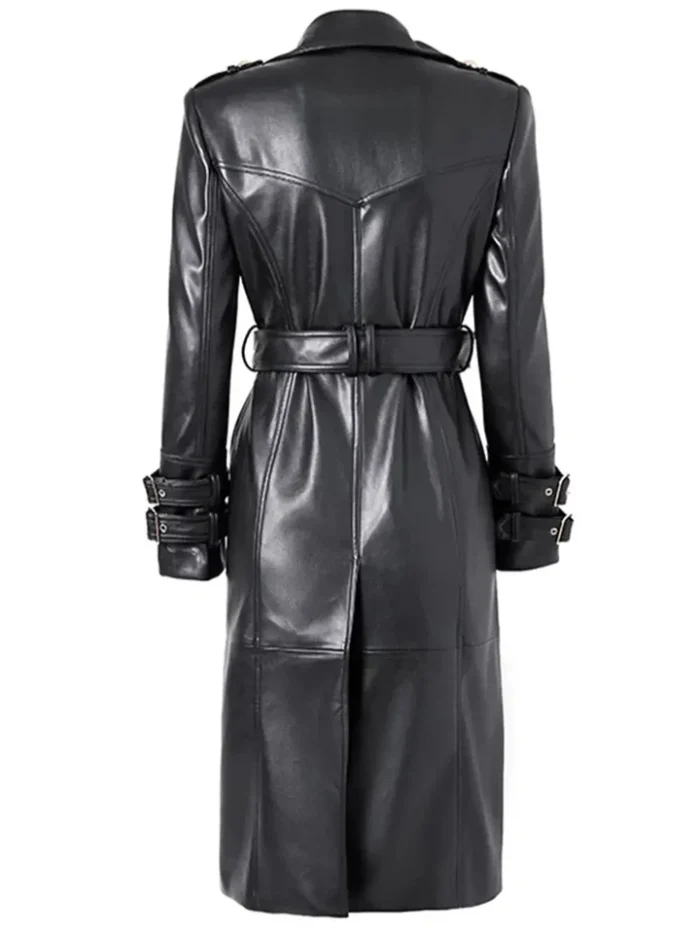 Long Black Gold Button Leather Coat 2