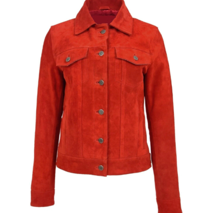 Women's Red Trucker Suede Leather Jacket 1