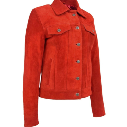Women's Red Trucker Suede Leather Jacket 2