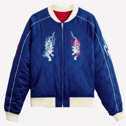 Azuki Twin Tigers Satin Blue Zip-up Quilted Jacket