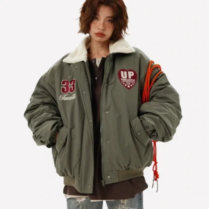 Women’s Boa Lapel Casual Padded Oversized Jacket MW9716 Fun Castle Heart Green Bomber Jacket